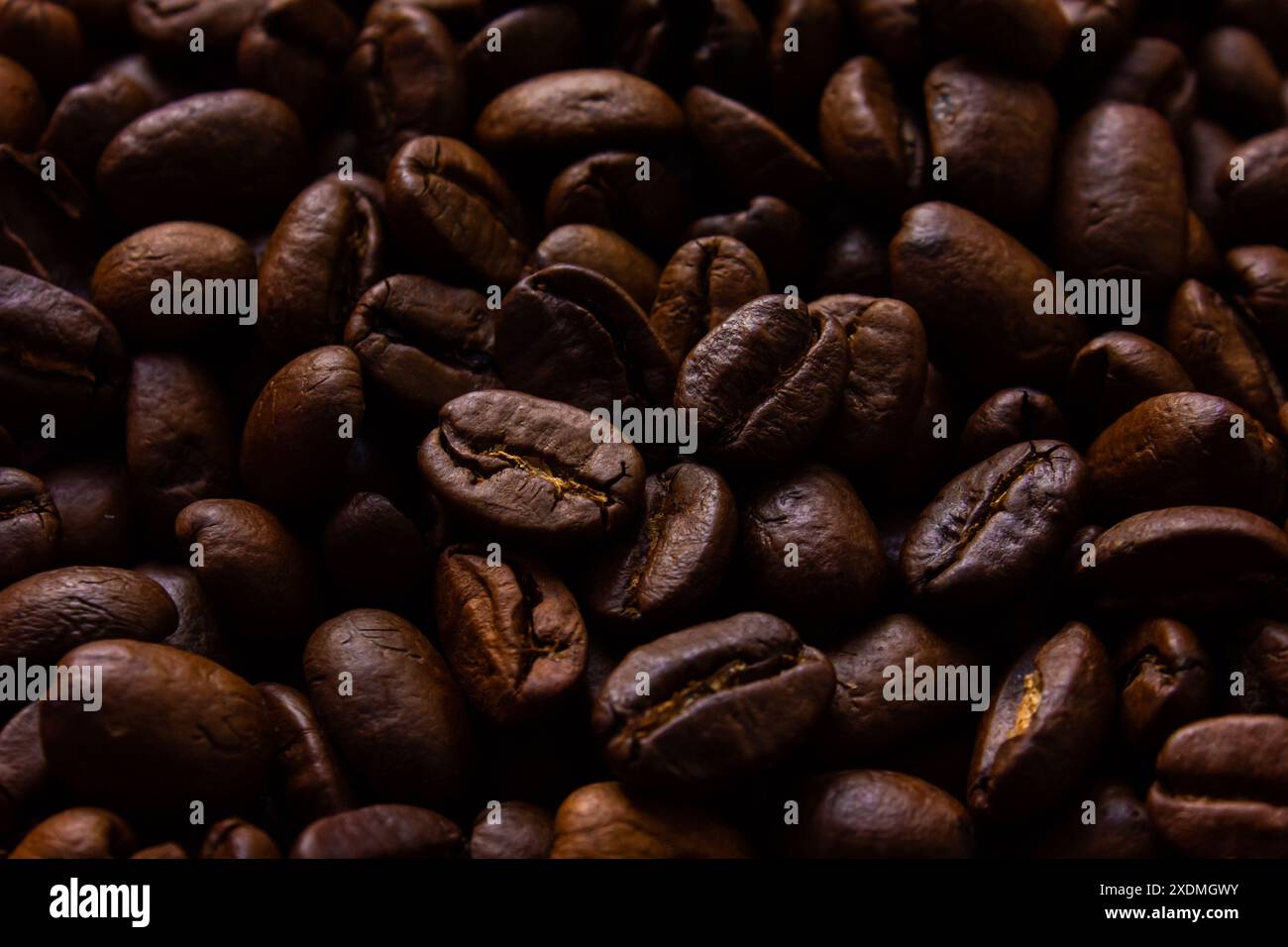 Gros plan des grains de café torréfiés. Fond texturé de grains de café torréfiés frais. Banque D'Images