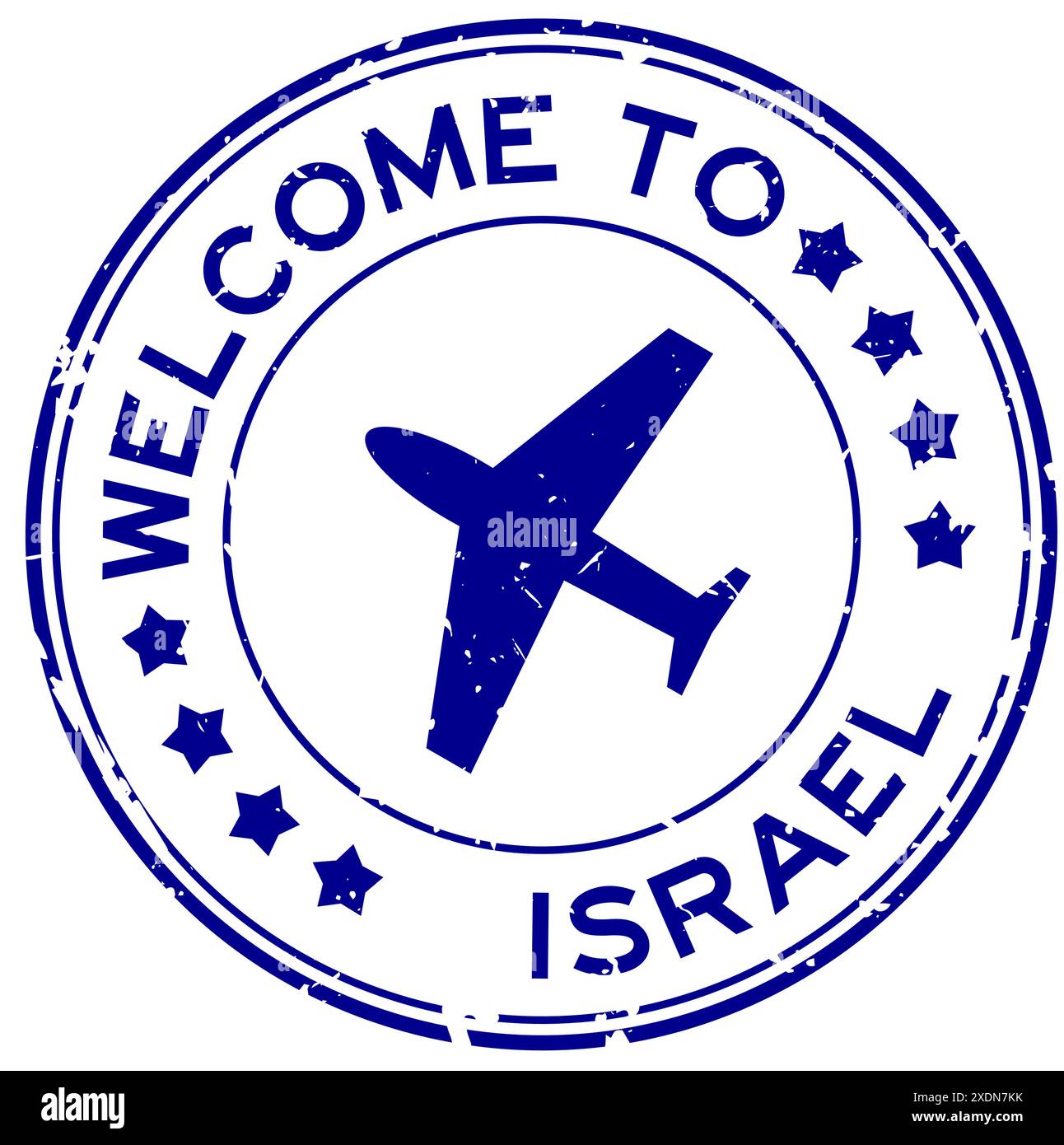 Grunge bleu bienvenue en israël avec l'icône d'avion timbre de joint en caoutchouc rond sur fond blanc Illustration de Vecteur