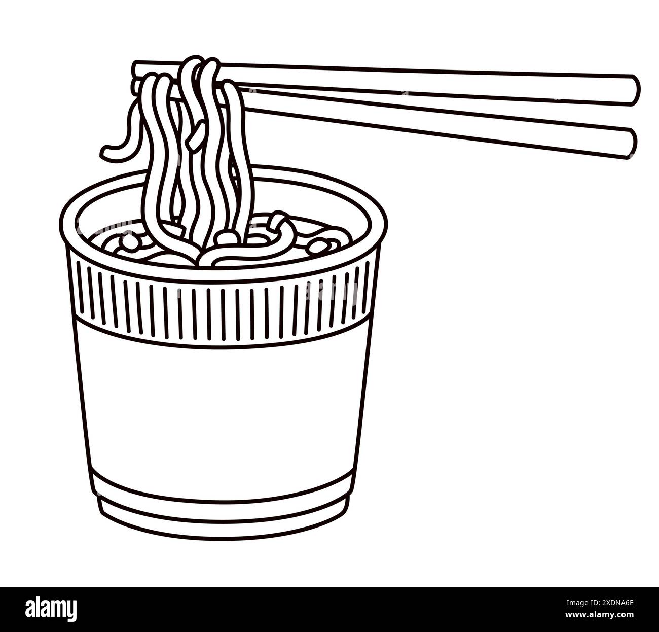 Instant nouilles Cup dessin, ligne noire et blanche Manger des ramen instantanés avec des baguettes. Illustration vectorielle de dessin animé. Illustration de Vecteur