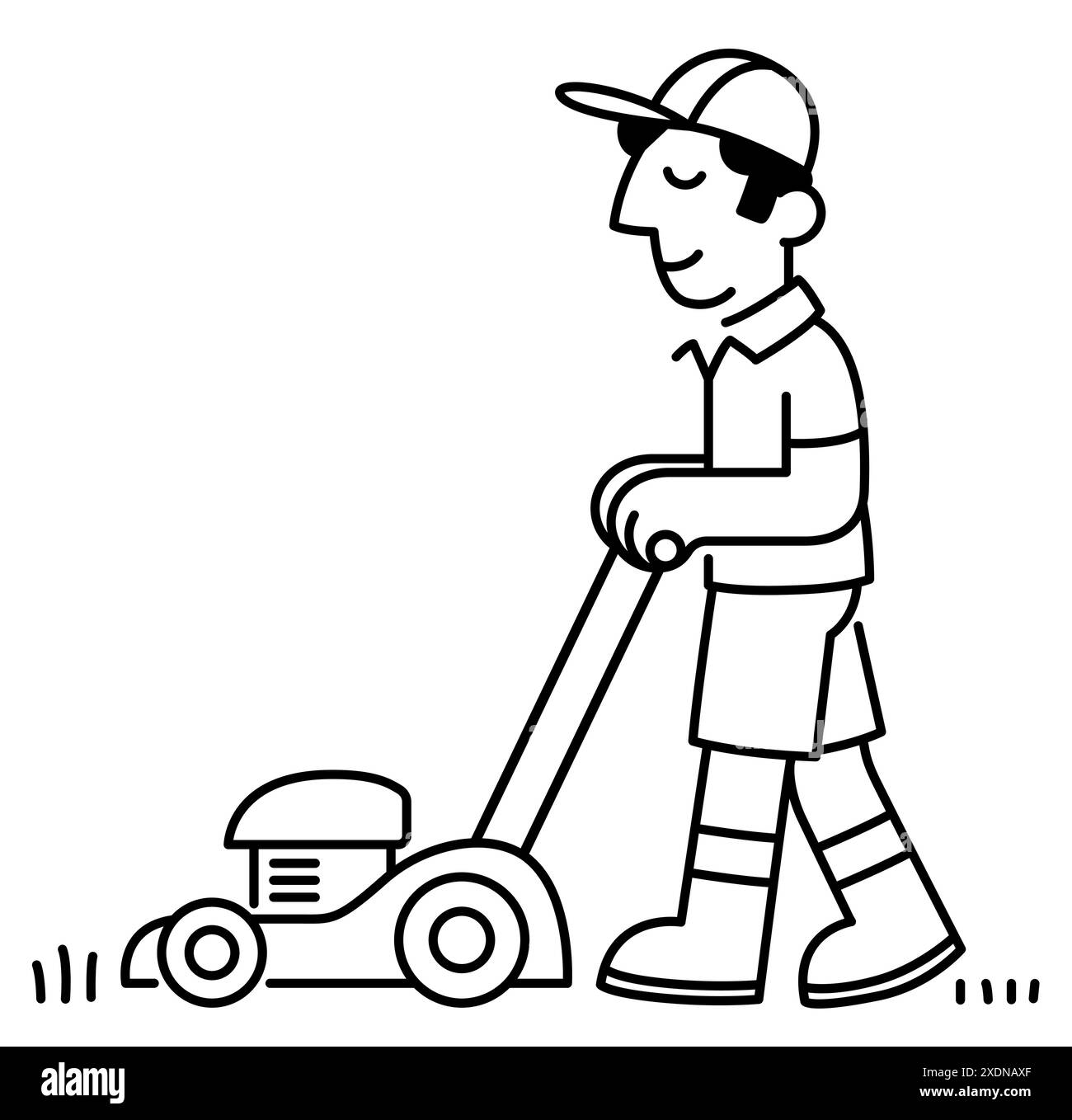 Homme de bande dessinée tondre la pelouse avec une tondeuse à gazon, simple dessin au trait noir et blanc. Illustration clip art vectorielle. Illustration de Vecteur