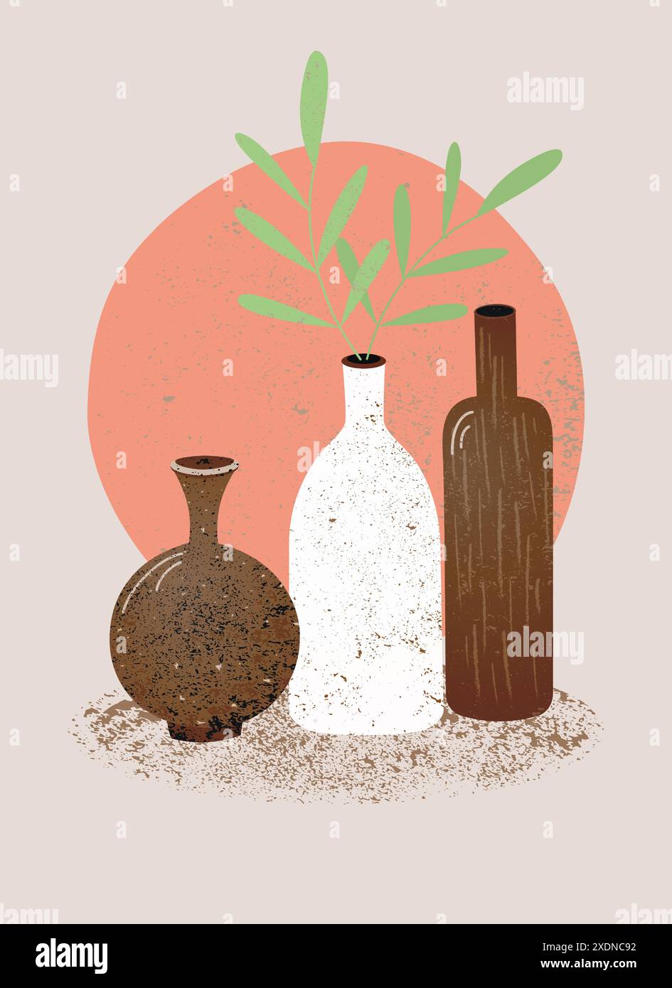 Vases en céramique grunge à la mode avec plante. Vase de style boho. Mur minimaliste scandinave Marron, terre cuite, beige, couleur rose. Affiches pour vivre Illustration de Vecteur