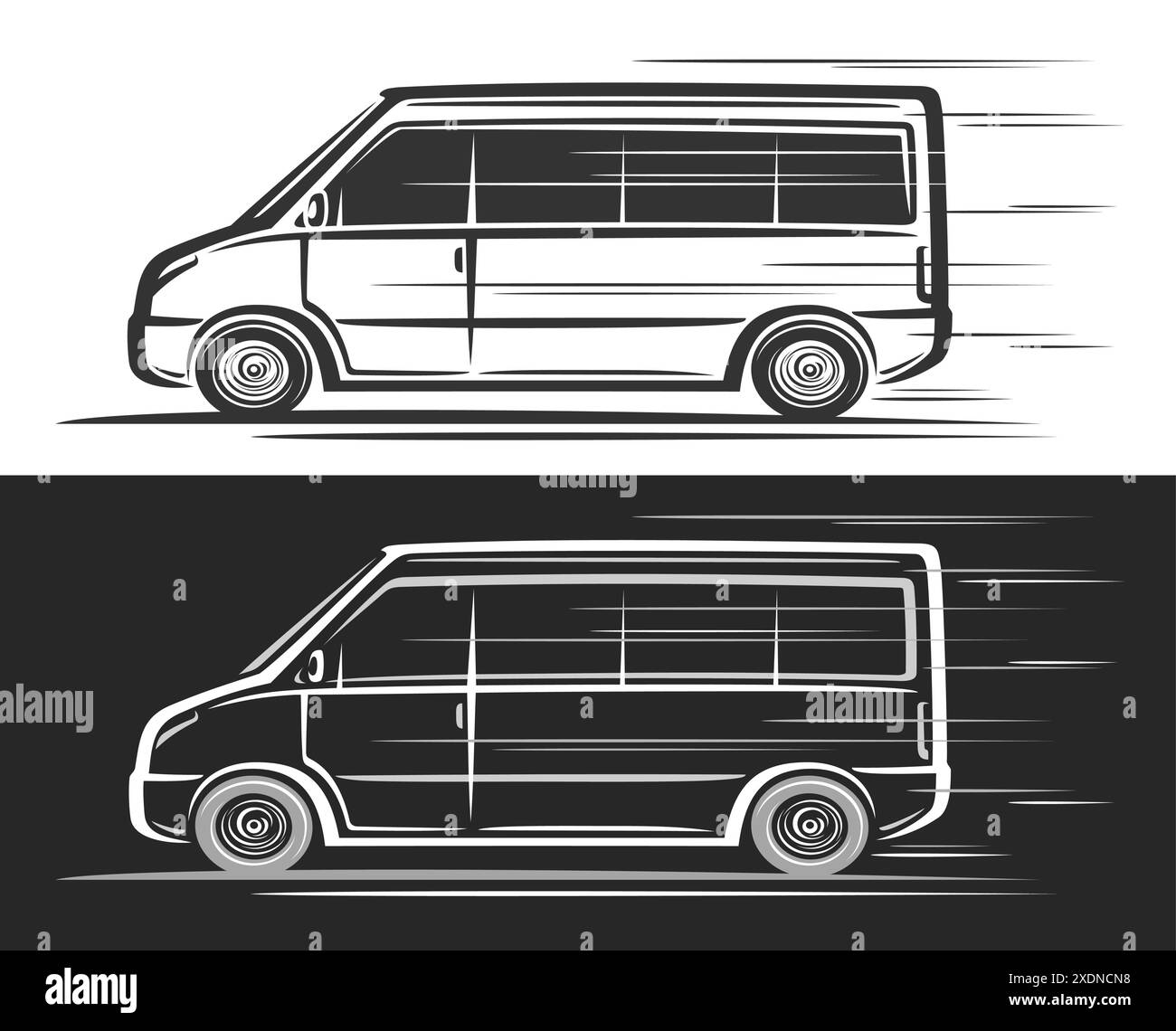 Logo vectoriel pour minibus, bannières automobiles horizontales avec illustration de contour simple du minibus monochrome d'art de clip de ligne en mouvement, décoratif runn Illustration de Vecteur