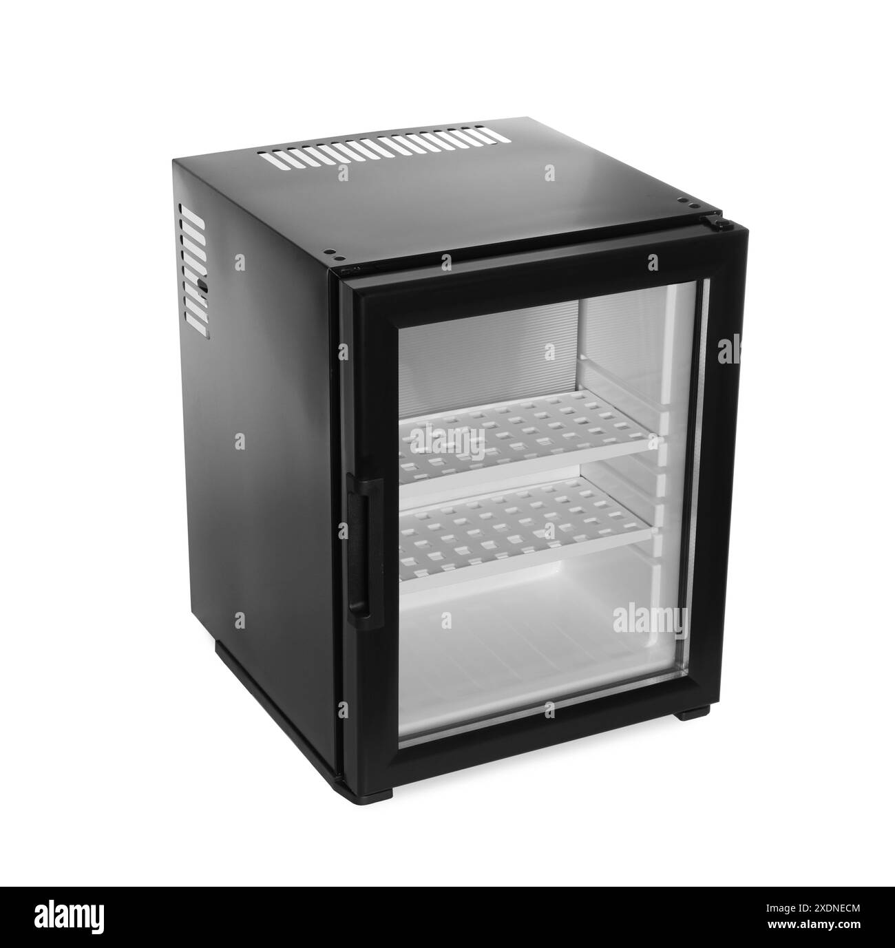 Mini réfrigérateur moderne vide isolé sur blanc Banque D'Images