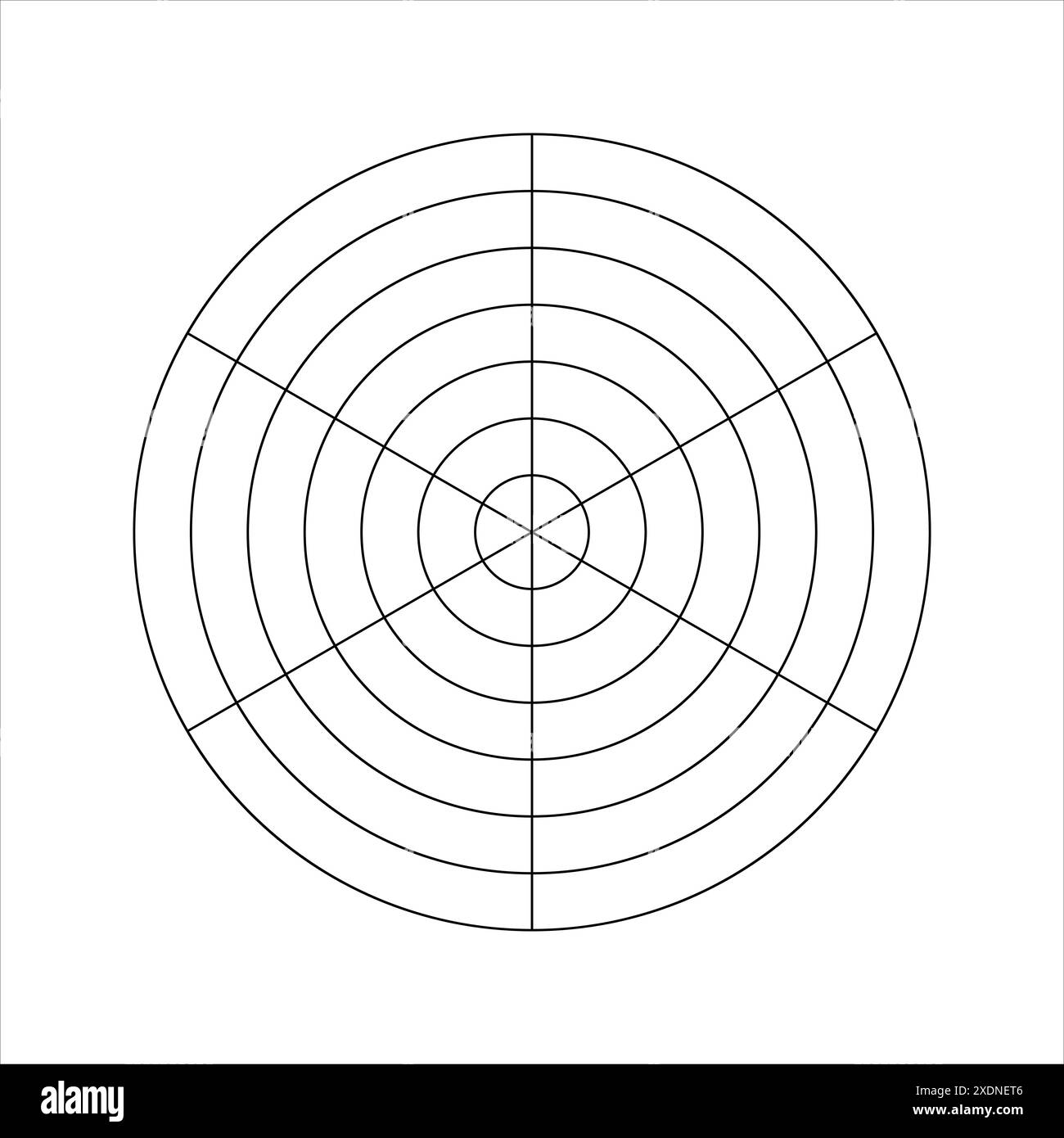 Diagramme rond avec des cercles concentriques divisés sur six segments égaux. Graphique radar circulaire, roue de la vie ou modèle de suivi des habitudes isolé sur blanc Illustration de Vecteur