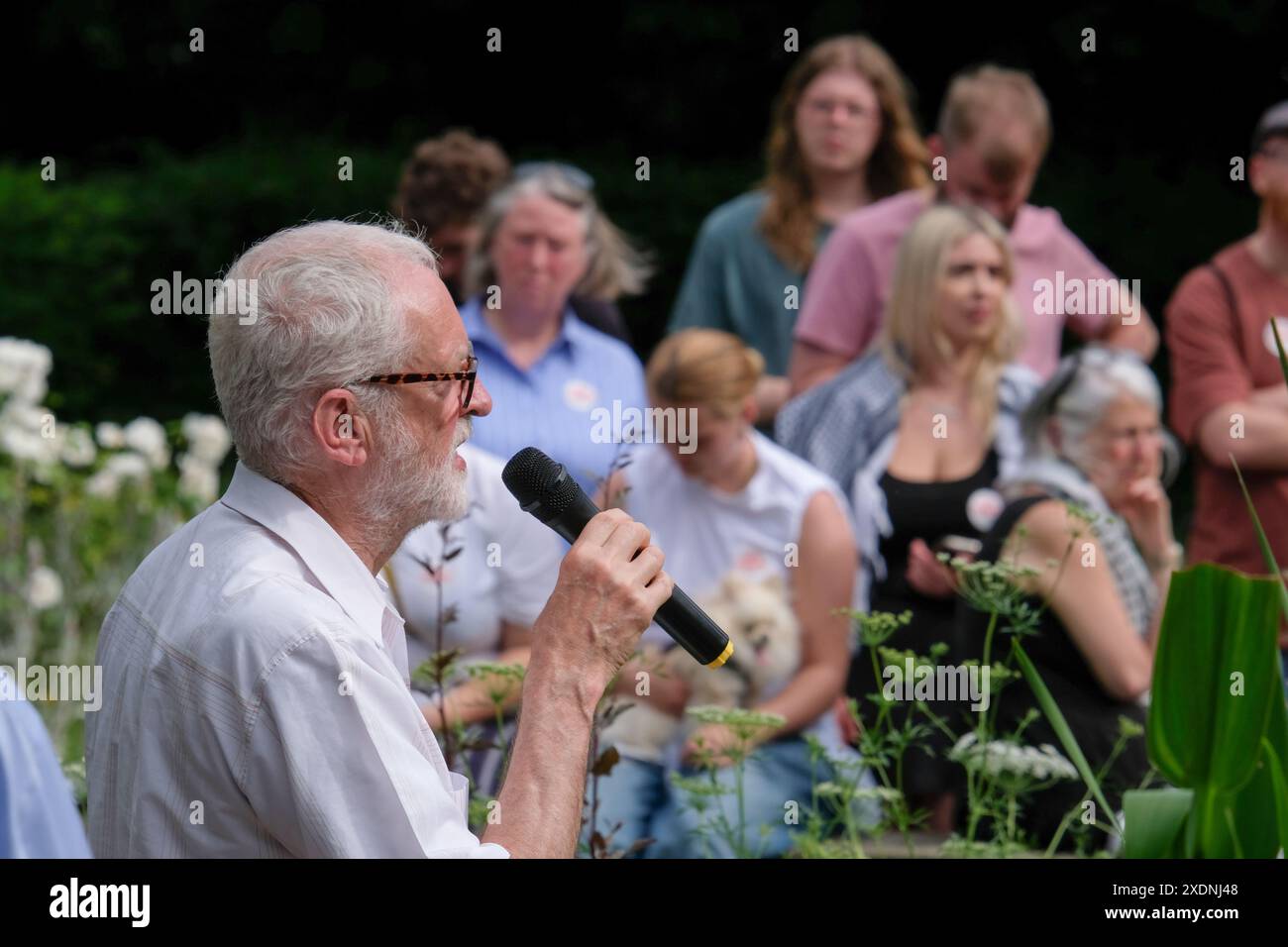 Londres, Royaume-Uni, 23 juin 2024. Jeremy Corbyn, candidat d'Islington North, tient un rassemblement de campagne électorale dans le jardin de la paix Philip Noel-Baker. Une armée de démarcheurs vise à faire appel à tous les ménages de la circonscription au cours du week-end. Crédit : onzième heure photographie/Alamy Live News Banque D'Images