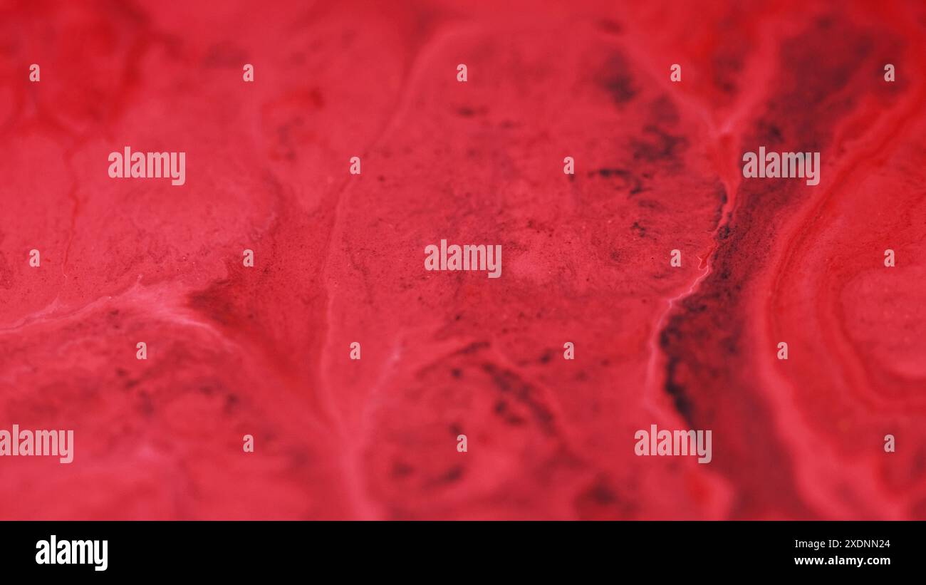 Flux d'encre liquide. Mélange de fluide de peinture. Particules de grain de poudre de pigment noir rouge défocalisé émulsion acrylique de colorant à l'eau vague fond d'art abstrait. Banque D'Images