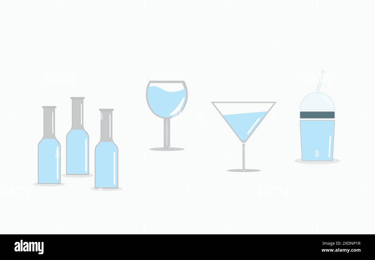 Ensemble de bouteilles, verres à cocktail avec boisson et tasse en plastique avec paille isolé sur fond blanc. Illustration de Vecteur