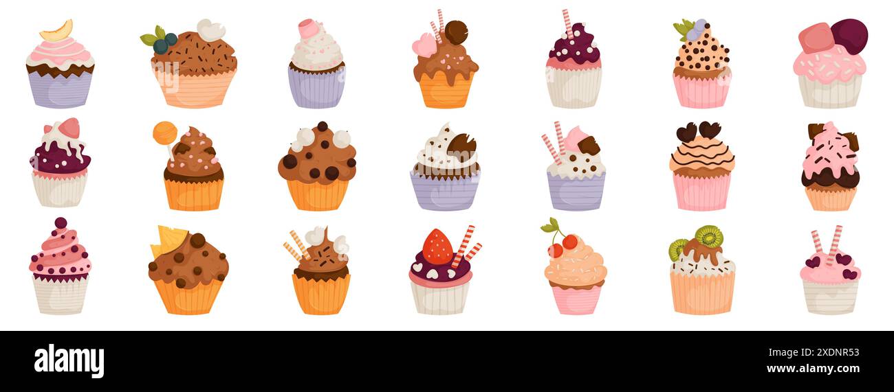 Collection de cupcakes assortis avec garnitures colorées, idéal pour les menus de desserts, les boulangeries et les illustrations alimentaires. Illustration de Vecteur