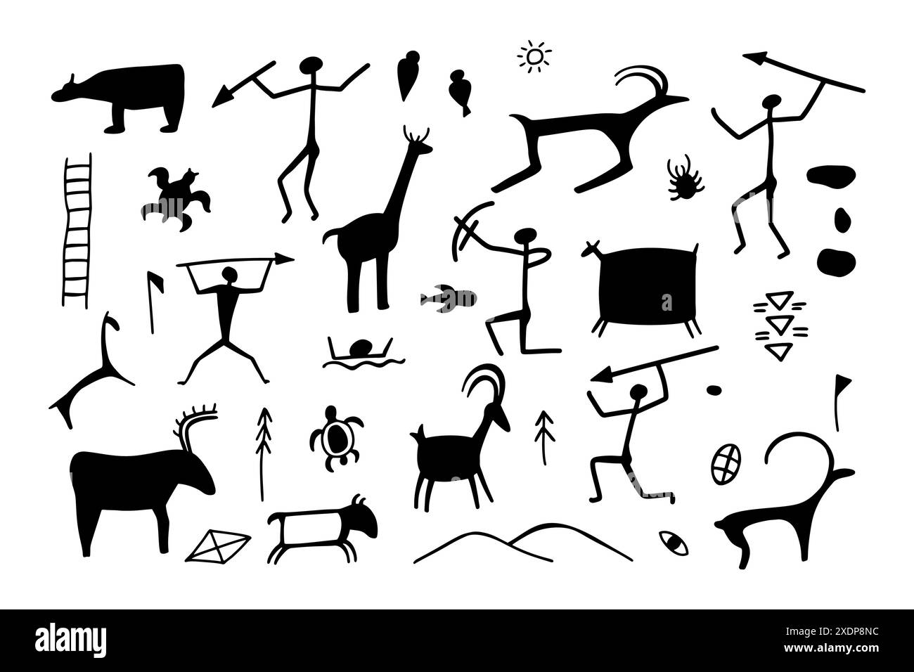 Silhouettes de grottes des premiers humains, accompagnées de chevaux, de cerfs et de taureaux, capturées dans le style des peintures rupestres anciennes. Dessin préhistorique Illustration de Vecteur