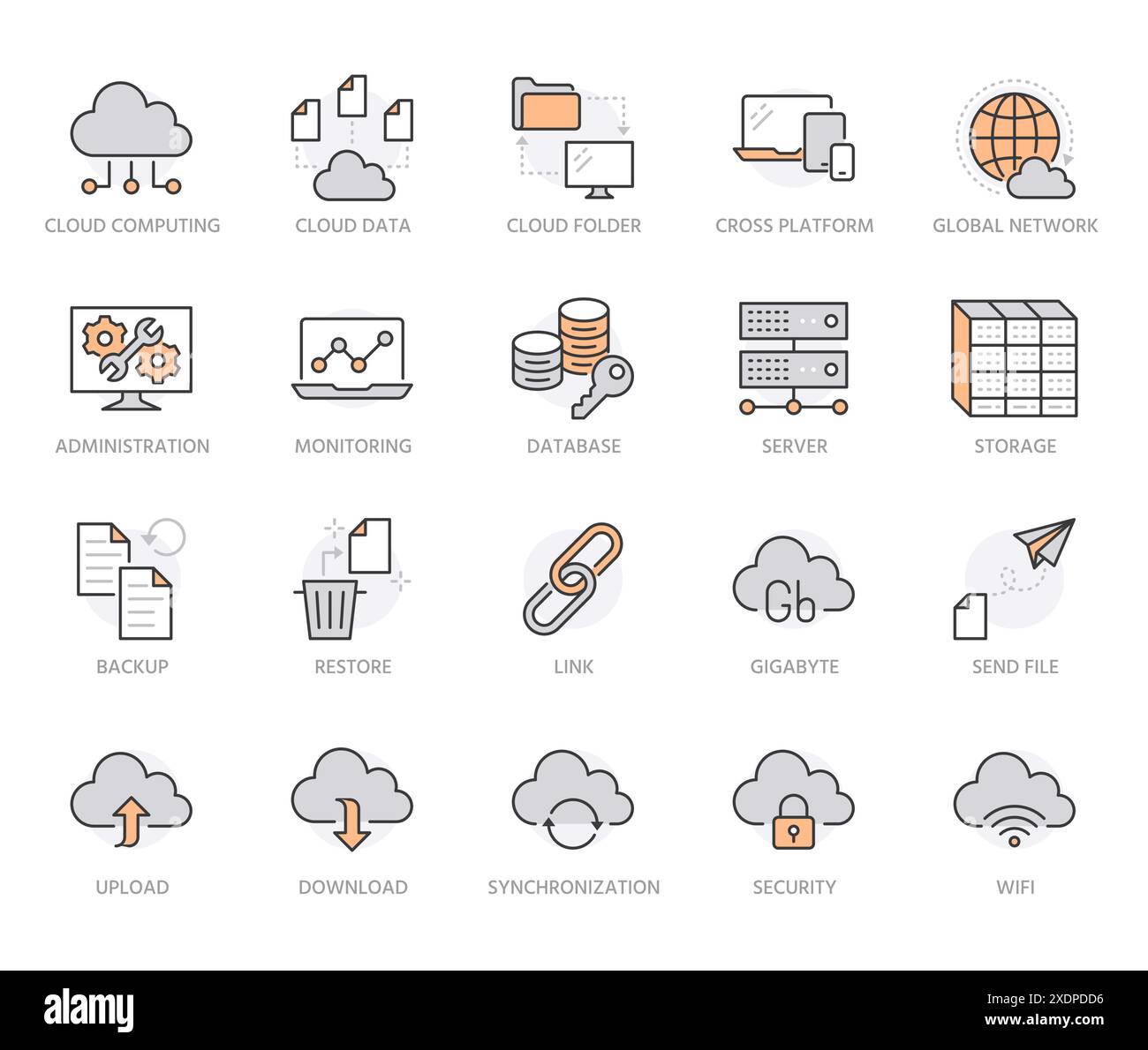 Jeu d'icônes de ligne de stockage de données Cloud. Base de données, stockage des informations, centre serveur, réseau global, sauvegarde, télécharger des illustrations vectorielles. Technologie Illustration de Vecteur