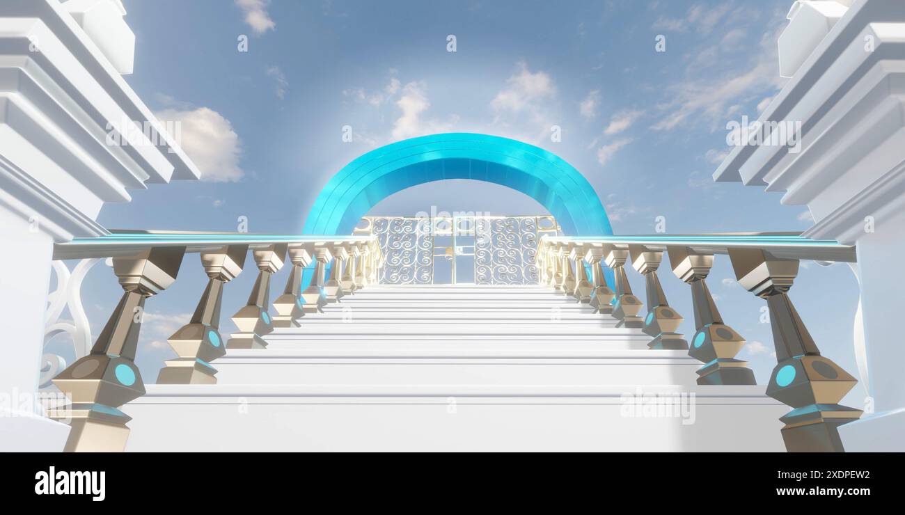 Escaliers vers le ciel avec porte. Antécédents religieux ou de réussite. Illustration de rendu 3D. Banque D'Images