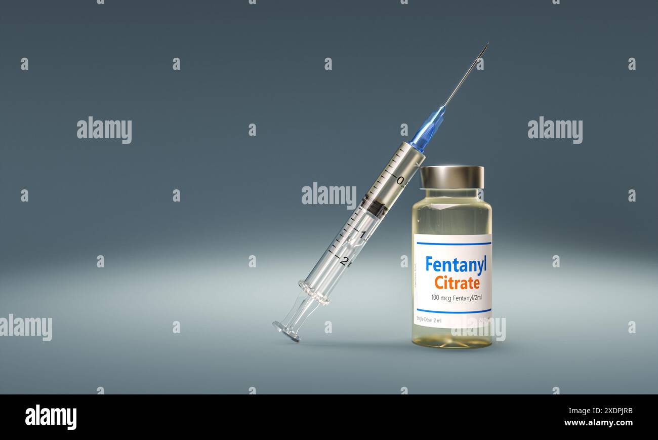 Gros plan de flacon de citrate de fentanyl seringue fond sombre, concept de dépendance. rendu 3d. Banque D'Images