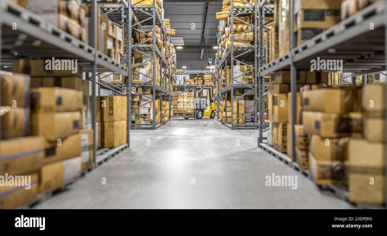 Chariot élévateur transportant des marchandises rangées étagères d'entrepôt boîtes pleines. rendu 3d. Banque D'Images