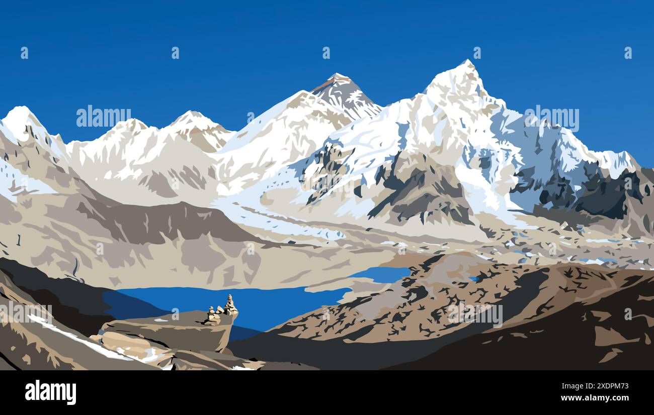 Mont Everest et Nuptse du côté du Népal vu du pic Kala Patthar avec pyramide de pierre, illustration vectorielle, Mont Everest 8 848 m, vallée de Khumbu, sa Illustration de Vecteur