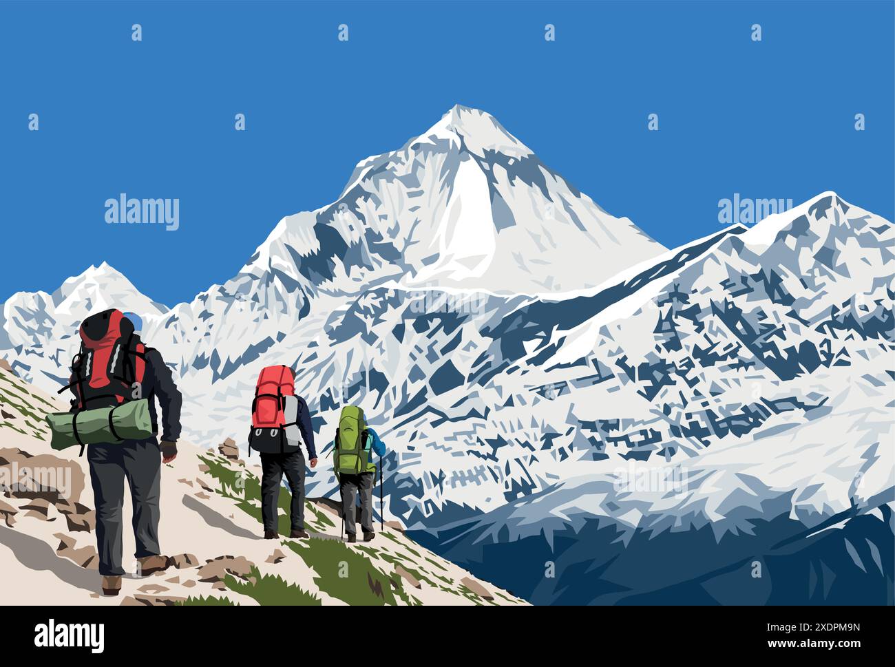 Pic du mont Dhaulagiri vu près du col de Thorung la et trois randonneurs, sentier de trekking du circuit du mont Annapurna, illustration vectorielle, moun de l'Himalaya du Népal Illustration de Vecteur