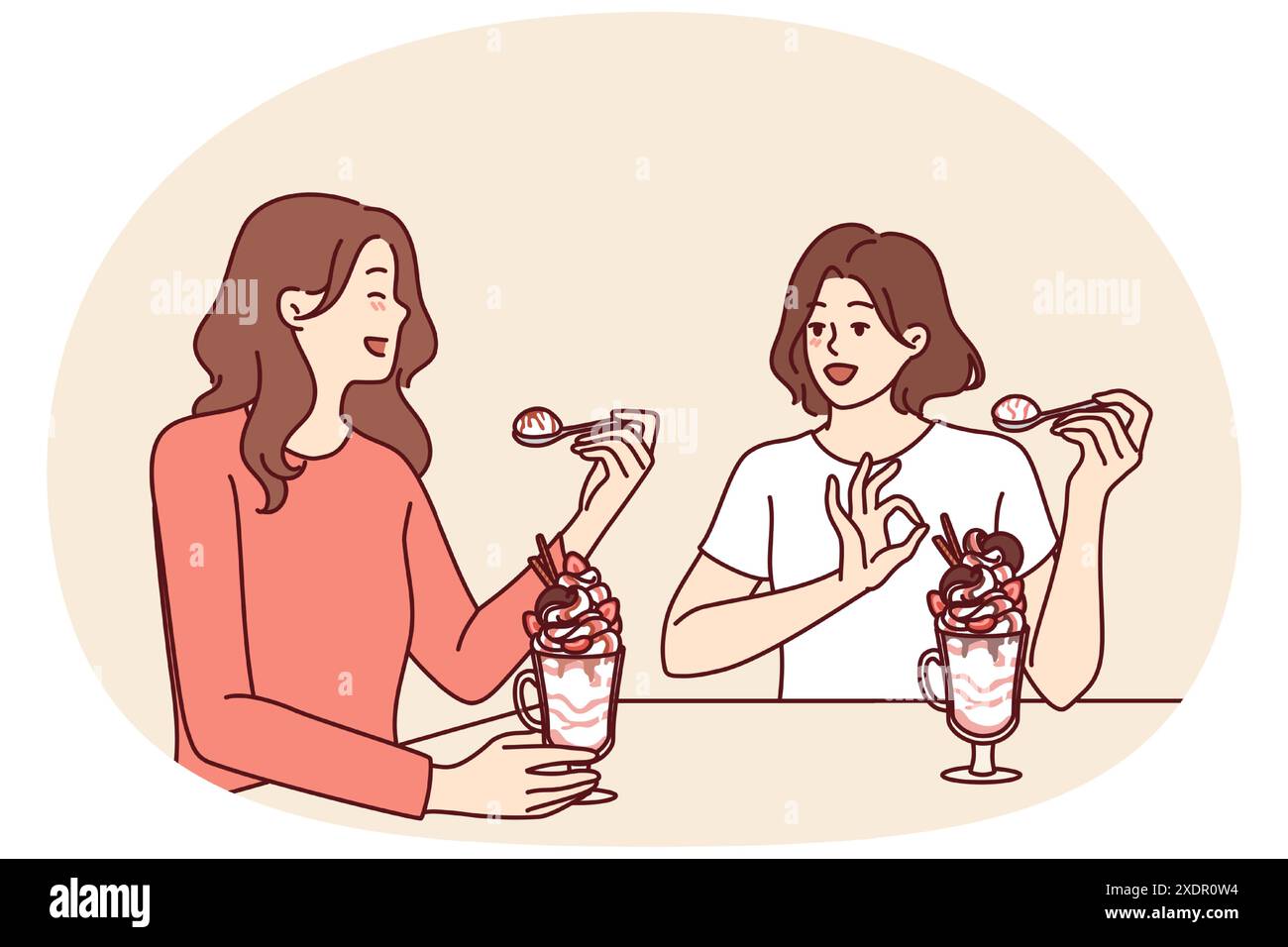 Les femmes qui déjeunent assis au restaurant en mangeant des milkshakes et en discutant de leur vie personnelle ou de leurs plans pour le week-end. Les amies mangent de la glace ou du milkshake dans un café qui veut se rafraîchir par temps chaud en été Illustration de Vecteur