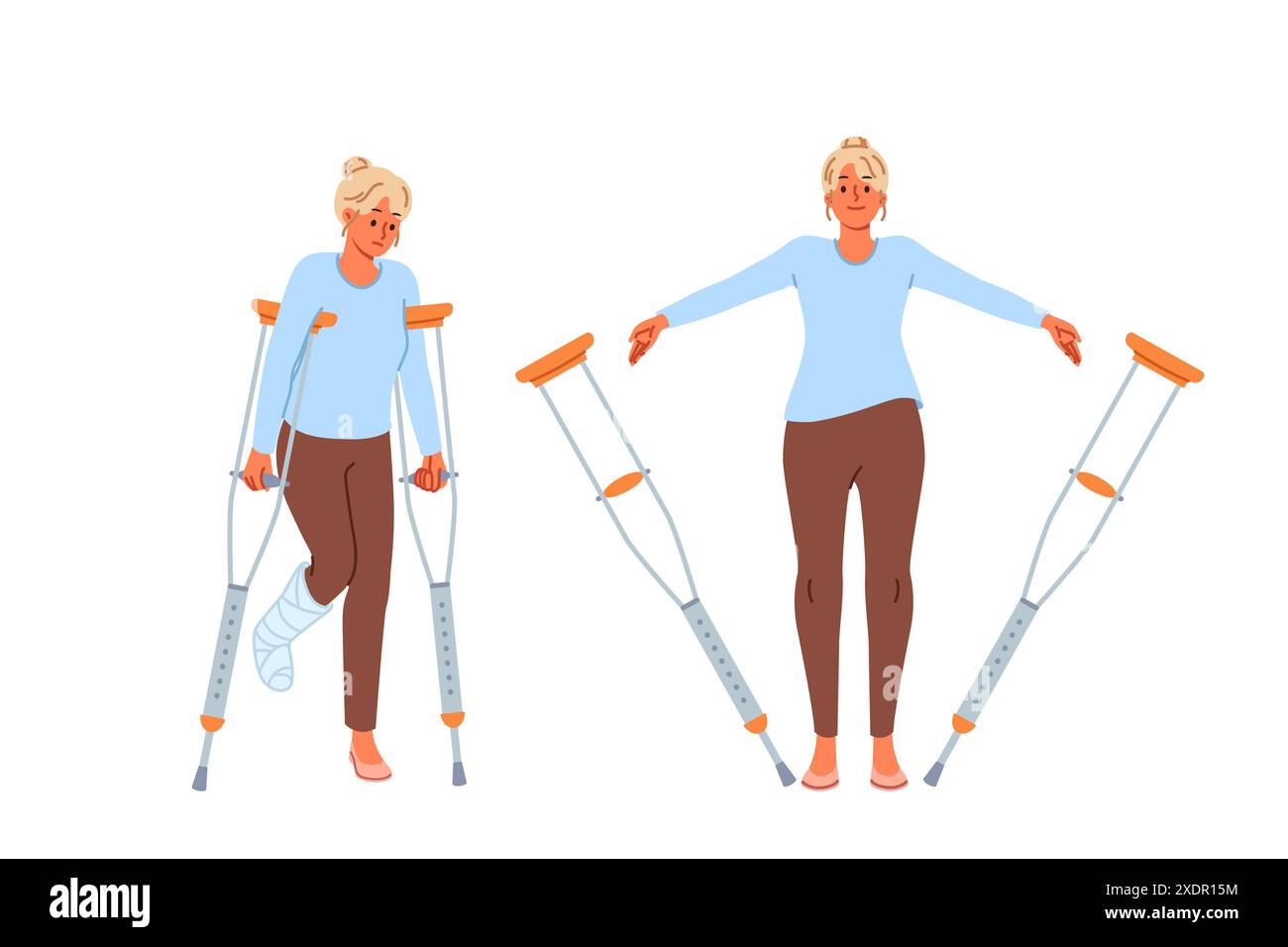 Une femme handicapée avec une jambe cassée jette des béquilles après la réadaptation et les procédures en clinique Illustration de Vecteur