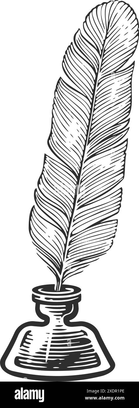 Stylo plume et bouteille d'encre. Plume dans encrier. Dessin vintage dessiné à la main Illustration de Vecteur