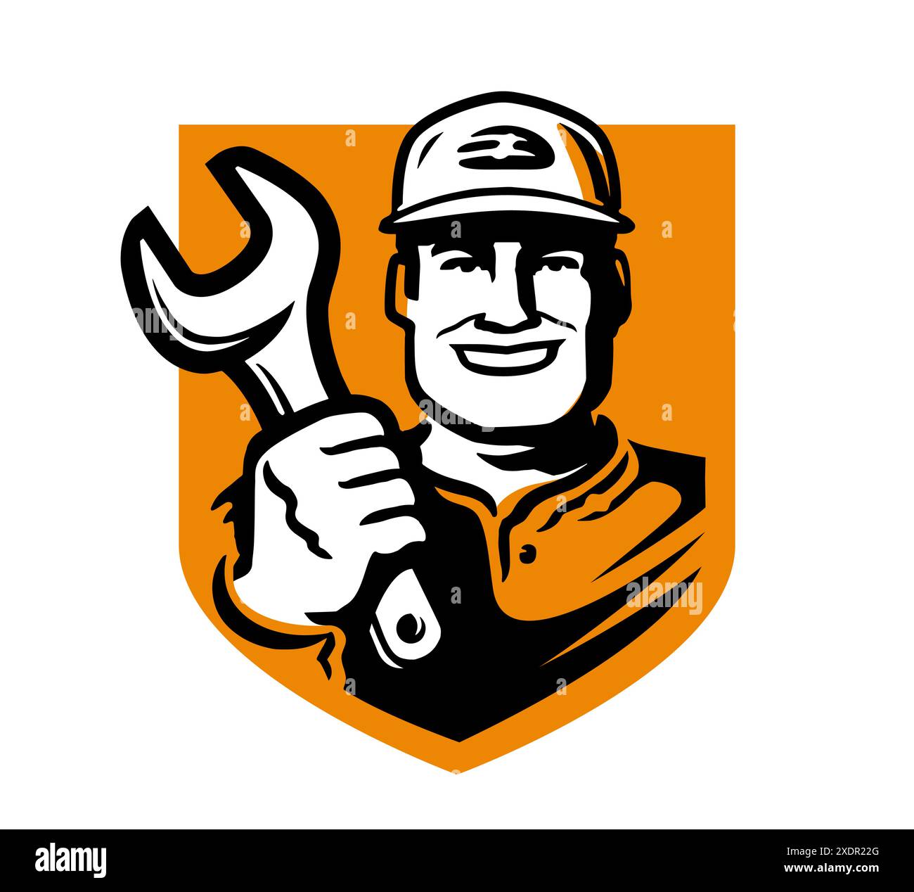 Mécanicien avec outil de travail, logo. Ouvrier de construction et clé. Emblème, illustration vectorielle de badge Illustration de Vecteur