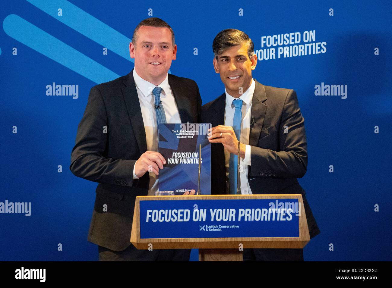 Édimbourg, Écosse, Royaume-Uni. 24 juin 2024. Le premier ministre Rishi Sunak et le chef des conservateurs écossais Douglas Ross lancent aujourd'hui à Édimbourg le manifeste électoral des conservateurs écossais. Iain Masterton/Alamy Live News Banque D'Images