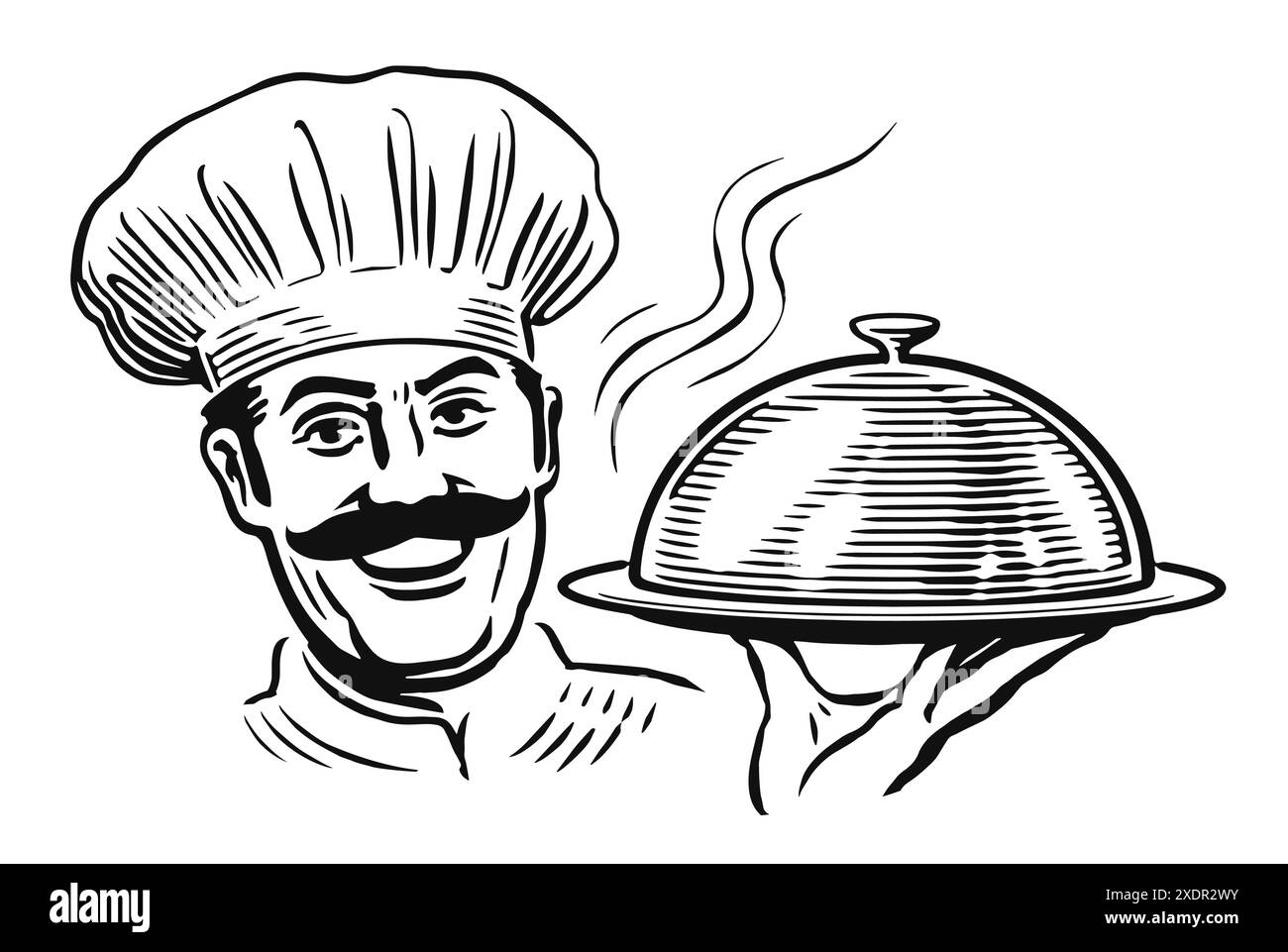 Joyeux chef en chapeau avec plateau avec couvercle, plateau cloche. Illustration vectorielle de concept de nourriture de restaurant. Noir et blanc Illustration de Vecteur