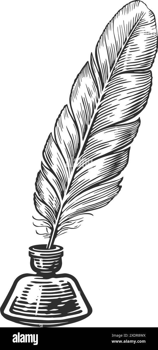 Stylo plume et encrier en verre. Illustration vintage dessinée à la main Illustration de Vecteur