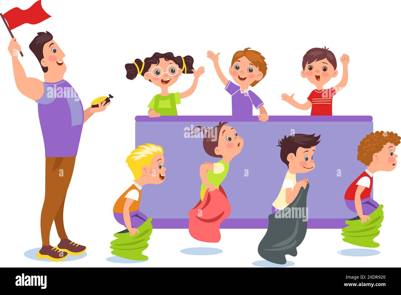 Émission de télévision pour enfants. Compétition d'équipes d'enfants. Concours de talents. Présentateur et participants. Jeu de sport. Quiz sur les connaissances. Les filles derrière le comptoir. Les garçons sautent dedans Illustration de Vecteur