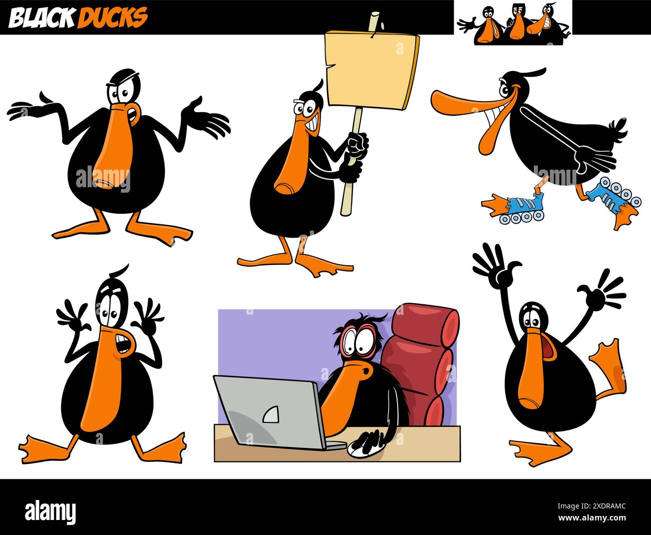 Illustration de bande dessinée de personnages d'animaux drôles de canard noir Illustration de Vecteur