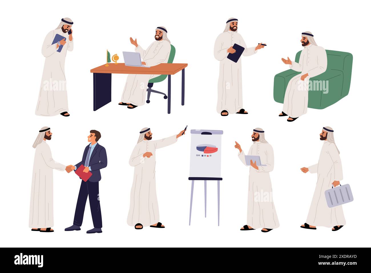 Personnage d'homme arabe. Homme d'affaires dans différentes poses. Saoudien en robe musulmane traditionnelle. Réunion des partenaires. Employé de bureau à Dubaï. Présentation du projet Illustration de Vecteur