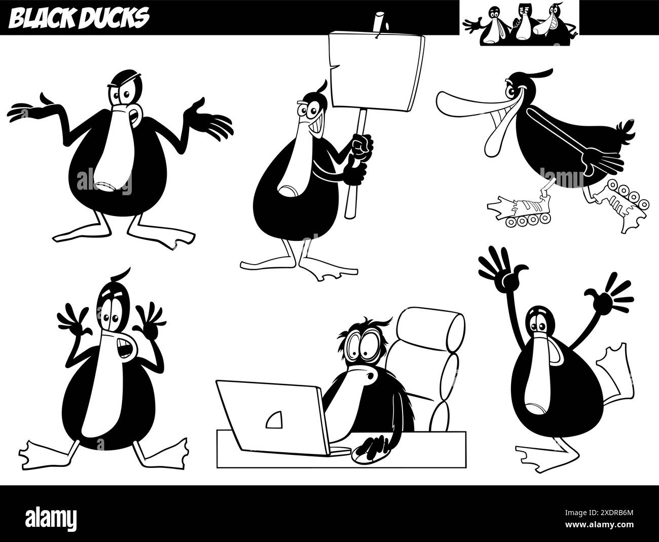 Illustration de dessin animé du personnage drôle d'animal de canard noir avec bannière vierge Illustration de Vecteur