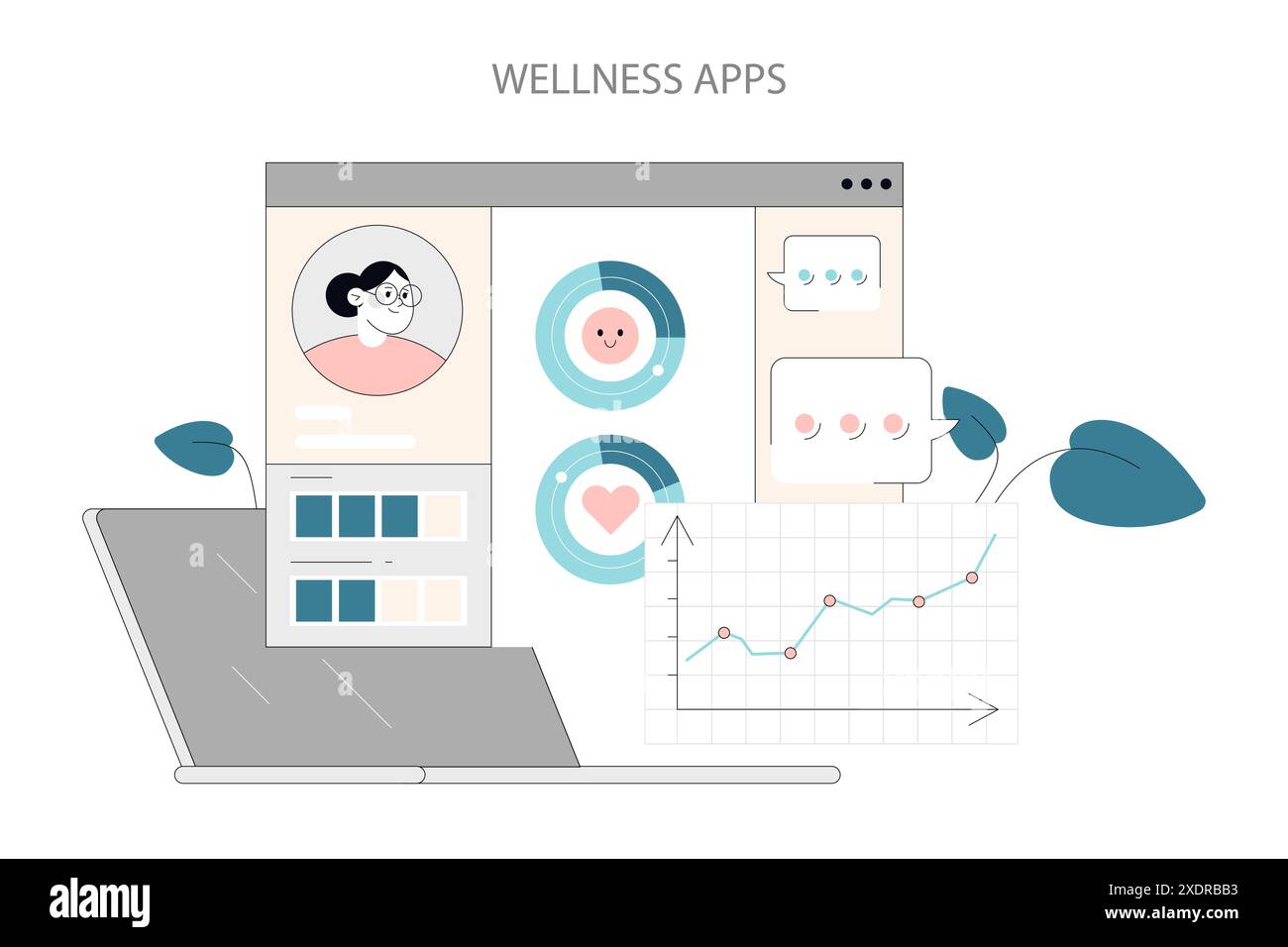 Concept de sensibilisation à la santé mentale. Outils numériques pour le bien-être personnel et l'équilibre émotionnel. Suivi des progrès et du bonheur grâce aux applications de bien-être. Illustration vectorielle. Illustration de Vecteur