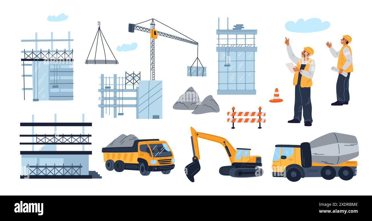 Eléments de chantier. Maisons en construction. Bâtisseurs en casques et uniformes. Machines différentes. Grue de levage ou camion malaxeur à béton Illustration de Vecteur