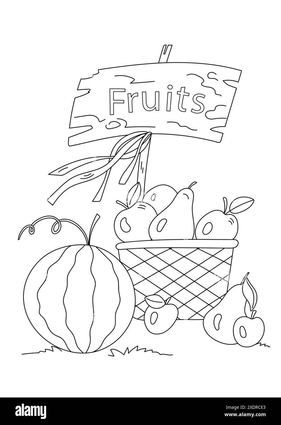 Coloriage mettant en vedette des fruits dans Un panier - pastèque, pommes et poires, est Un soulagement du stress pour les adultes et les enfants Illustration de Vecteur