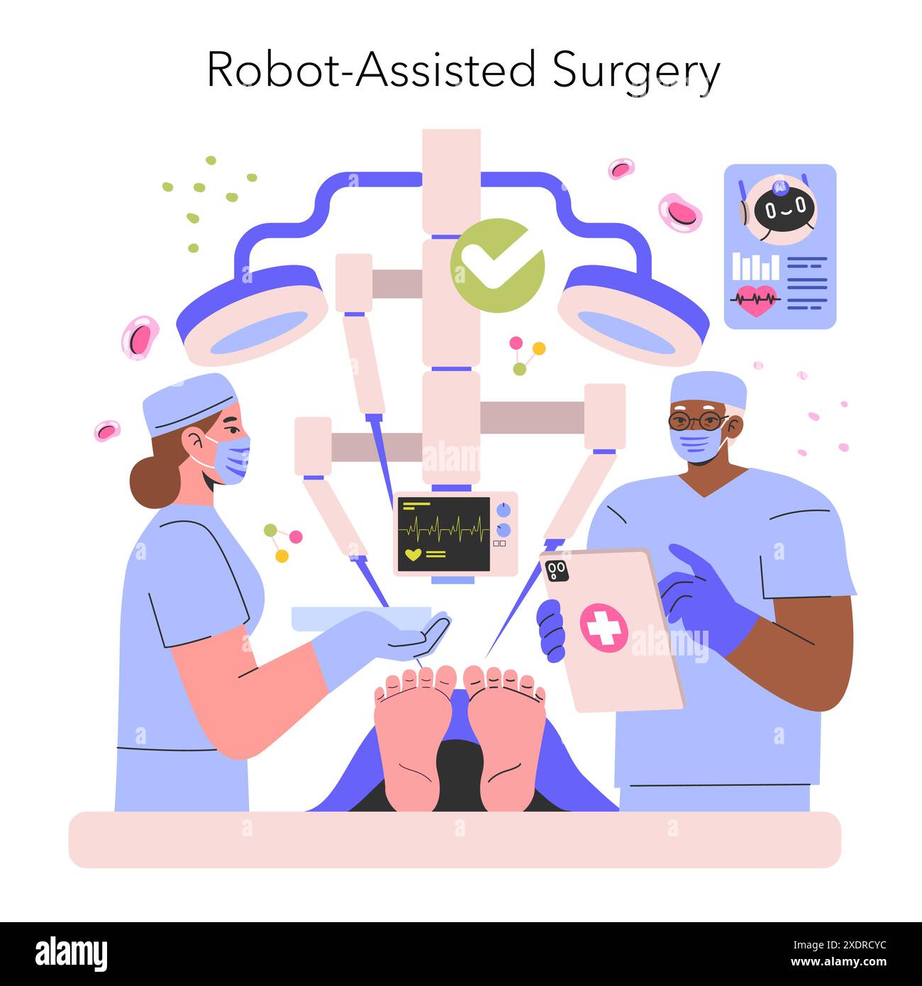 Concept de chirurgie assistée par robot. Les chirurgiens utilisent une robotique avancée pour une opération précise dans un cadre médical de haute technologie. Innovations technologiques dans le domaine de la santé. Illustration vectorielle. Illustration de Vecteur