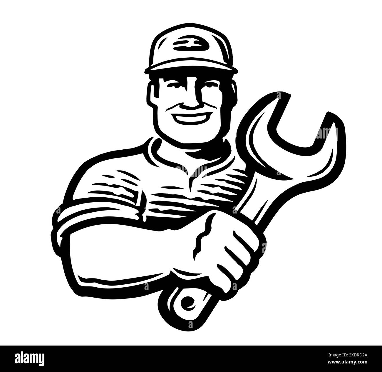 Ouvrier de constructeur avec clé, emblème d'outil. Travaux de construction, logo de service de réparation. Illustration vectorielle Illustration de Vecteur