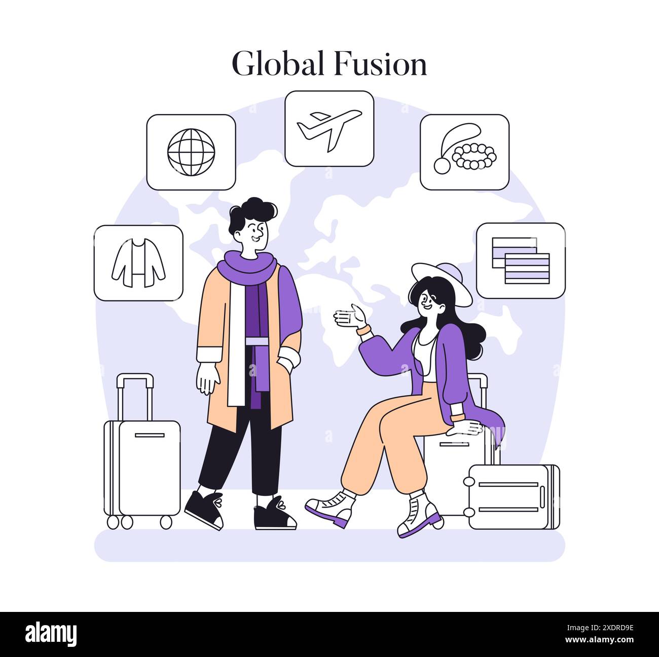 Concept Global fusion. Deux voyageurs discutant avec la carte du monde et des icônes pour l'échange culturel. Illustration de voyage moderne. Illustration vectorielle. Illustration de Vecteur