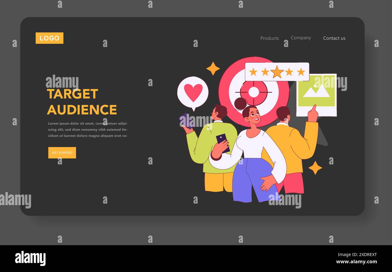 Concept d'engagement client. Des personnages animés interagissent avec des symboles de marketing numérique sur une interface de site Web. Illustrer l'analyse du public et la collecte de commentaires. Illustration vectorielle. Illustration de Vecteur