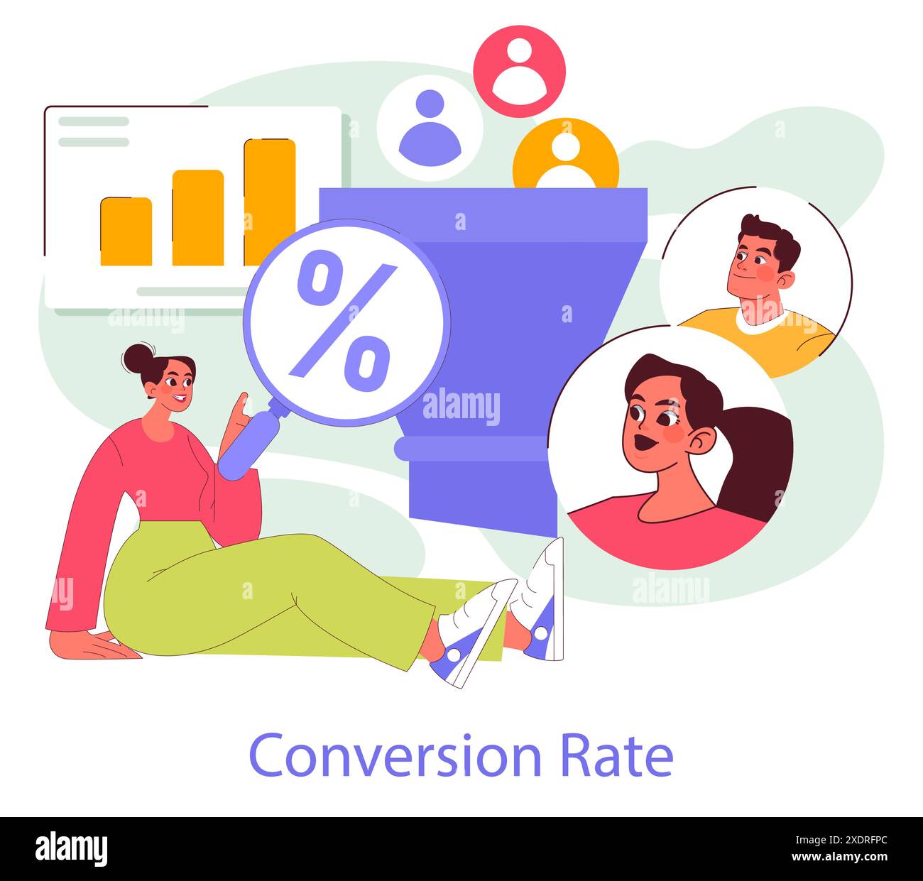 Concept de marketing mobile. Spécialistes du marketing numérique analysant les taux de conversion. Captiver le public grâce à l'analyse des données. Illustration vectorielle. Illustration de Vecteur