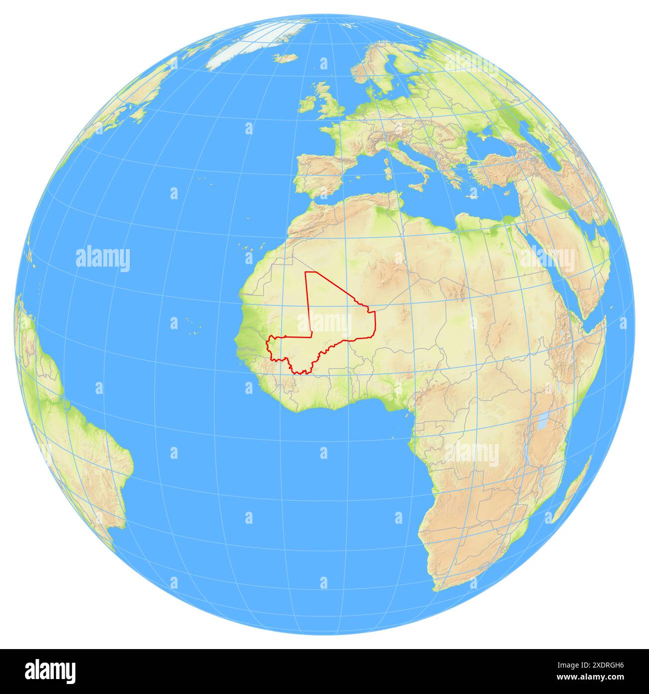 Vue de la Terre depuis l'espace montrant l'emplacement du pays Mali en Afrique. Le pays est mis en évidence par un polygone rouge. Les petits pays sont al Banque D'Images