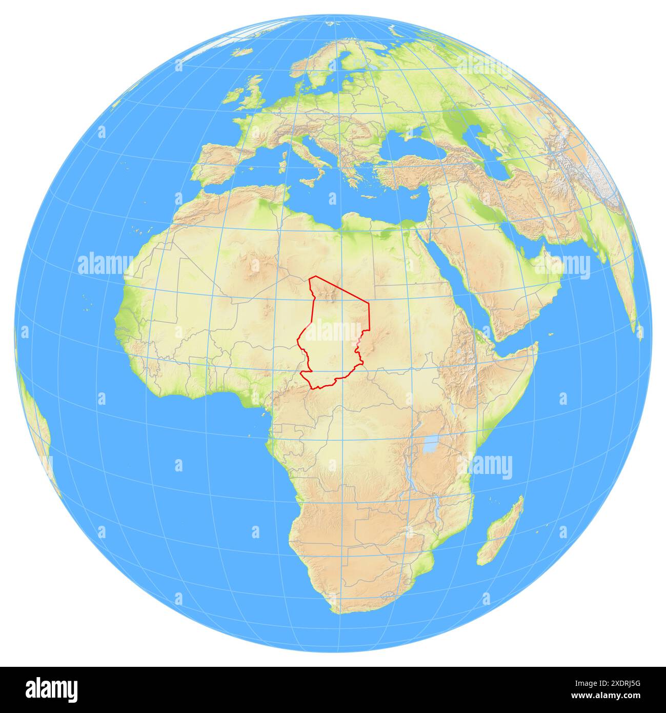Vue de la Terre depuis l'espace montrant l'emplacement du pays Tchad en Afrique. Le pays est mis en évidence par un polygone rouge. Les petits pays sont al Banque D'Images