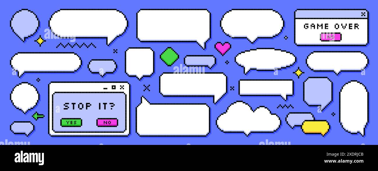 Ensemble de boîtes de dialogue de pixels de différentes formes sur fond bleu. Bulles de dialogue de chat, cadres de message flash avec texte ou boîte de communication de dialogue vide dans le style rétro 8 bits. Flèche pixelisée, icônes de coeur Illustration de Vecteur