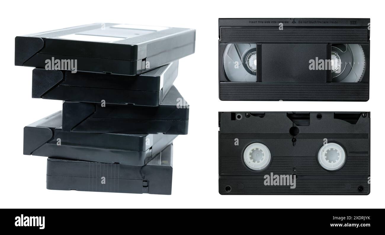 Ensemble de vieilles cassettes vidéo analogiques rétro, isolées sur un fond transparent, concept de choses rétro Banque D'Images