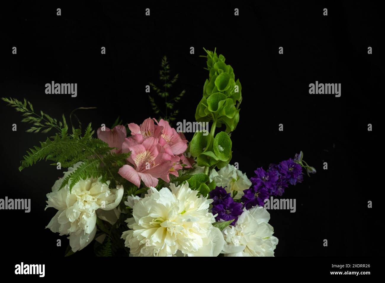 Élégant bouquet de fleurs mélangées comprenant des pivoines blanches, des fleurs roses et violettes et de la molucelle verte, disposées sur un fond noir. Photo basse fréquence Banque D'Images