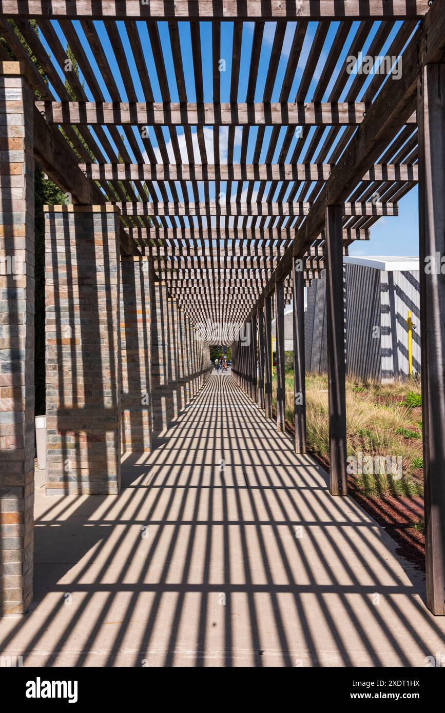 Davis, Californie États-Unis - 23 mars 2017 : symétrie de l'ombre sous pergola à UC Davis. Banque D'Images