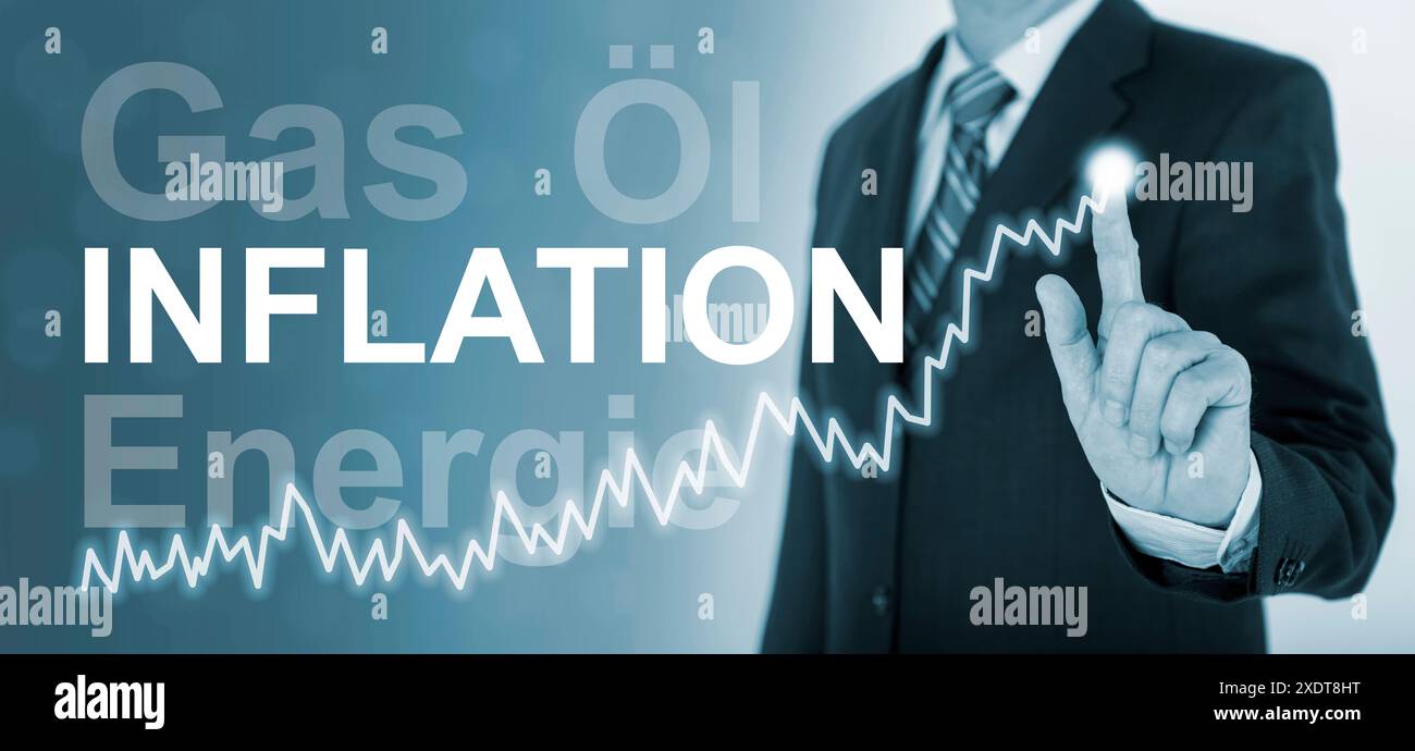 Inflation und Preissteigerung Ein Geschäftsmann zeigt mit einem Chart die Steigerung der inflation wegen erhöhter Energiekosten *** inflation and pric Banque D'Images