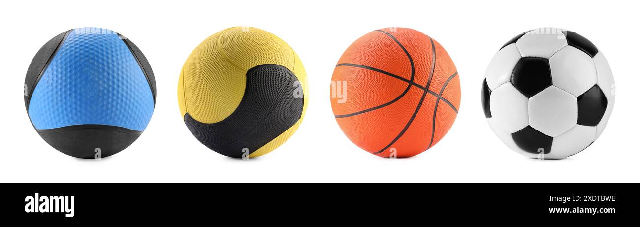 Différentes boules isolées sur blanc, set. Équipement de sport Banque D'Images