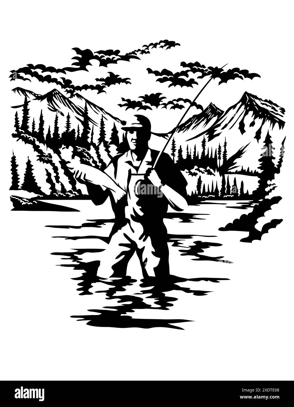 Scherenschnitte suisse ou ciseaux coupé illustration de la silhouette d'un pêcheur pêcheur à la ligne pêchant à la mouche dans le parc national du lac Clark et conservez à Anchor Illustration de Vecteur