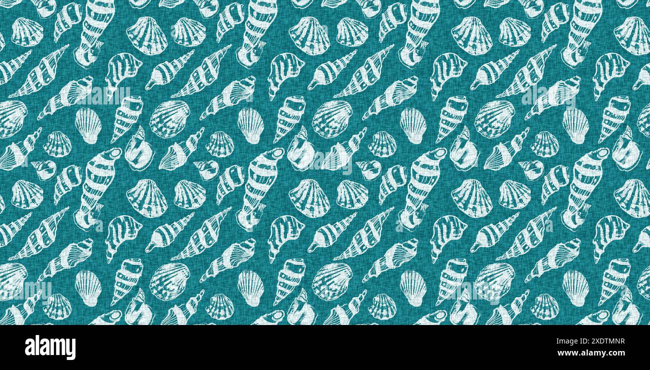 Motif coquille blanche bleu turquoise turquoise avec fond de bordure en batik sans couture en lin. Chalet côtier moderne décoré de blocs de coquillages rustiques Banque D'Images