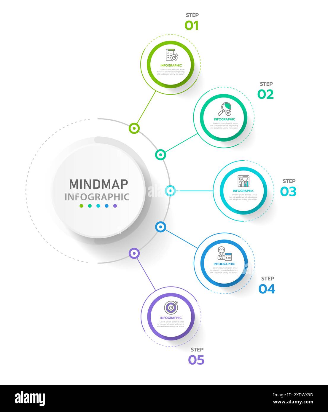 Modèle d'infographie pour les entreprises. 6 étapes Modern Mindmap diagramme avec des sujets de cercles, infographie vectorielle de présentation. Illustration de Vecteur