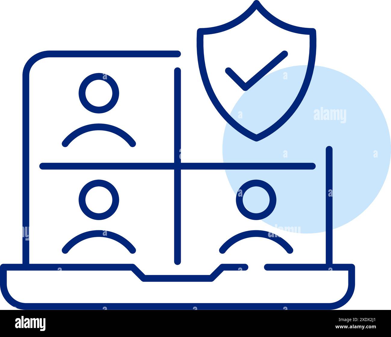Réunions en ligne et appels vidéo sécurisés et fiables. Interface de conférence de groupe, bouclier et coche. Icône de contour pixel Perfect, modifiable Illustration de Vecteur